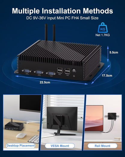 Mini PC – Mini Computer – Industrieel PC – Compact Desktop – Windows 11 Pro – Intel Core i5 1235U – 32GB DDR5 RAM – 1TB NVMe SSD – Ventilatorkoeling – 3x 4K Displays – 6x COM Poorten – WiFi 6 – 2x 2.5G LAN