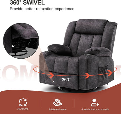 Relaxstoel – Verstelbare Fauteuil – Ligstoel – Loungechair – Draaifauteuil – Met Voetensteun – Ademend Stof – Met Bekerhouders en Opbergruimte – Grijs