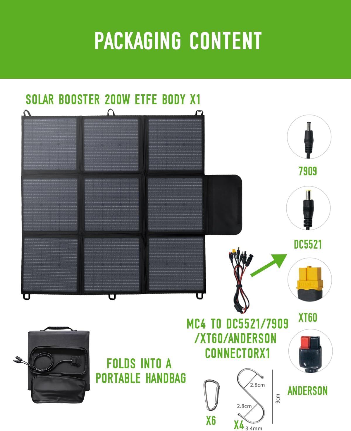 Opvouwbaar zonnepaneel, 200 W, 3 m kabel, zonne-oplader, IP67 waterdicht en stofdicht, hoge uitgangsconversie-efficiëntie, 22%, draagbare oplader, zonnestroom, zonnepaneel, camping, outdoor