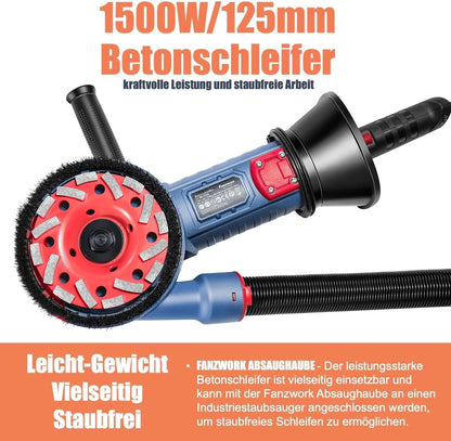 FANZTOOL Betonschuurmachine, 1500 W, instelbare snelheid, met diamantkop 125 mm, zuigkap en T-greep, ideaal voor beton en tegellijm