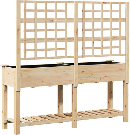 Garden Pot with Planks and Shelf Made of Solid Pine Wood, 161 x 43 x 152 cm, Rectangular Planter, Large for Indoor and Outdoor Use, Beige, Modern Design - QUORE