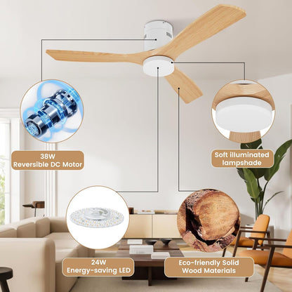 Houten plafondventilator met ledlicht, 24 W, stil, DC motor, 38 W, plafondventilator, hout, diameter 132 cm, afstandsbediening met geheugenfunctie, zomer/winterfunctie, 6 snelheden