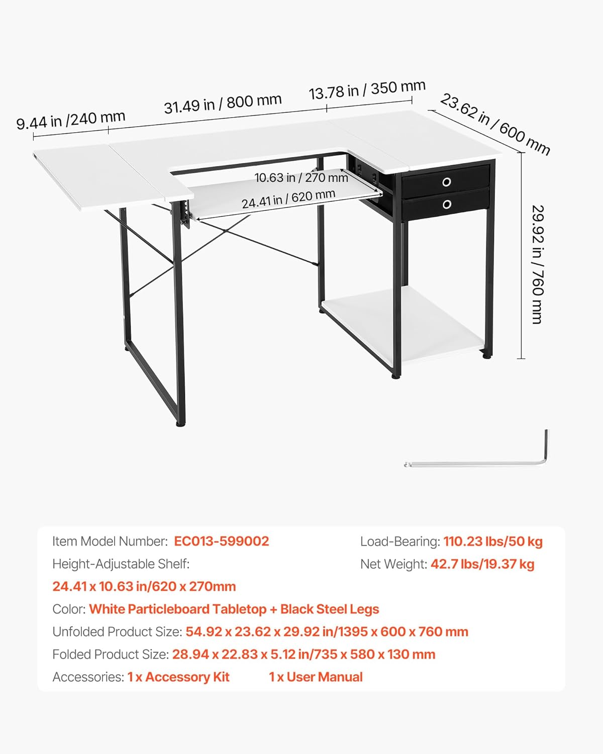 VEVOR Naaitafel, multifunctionele naaimachinetafel met opvouwbare zijplank, verstelbare plank, stalen poten, computerbureau voor thuis, modestudio, kunststudio, onderwijsinstelling, wit