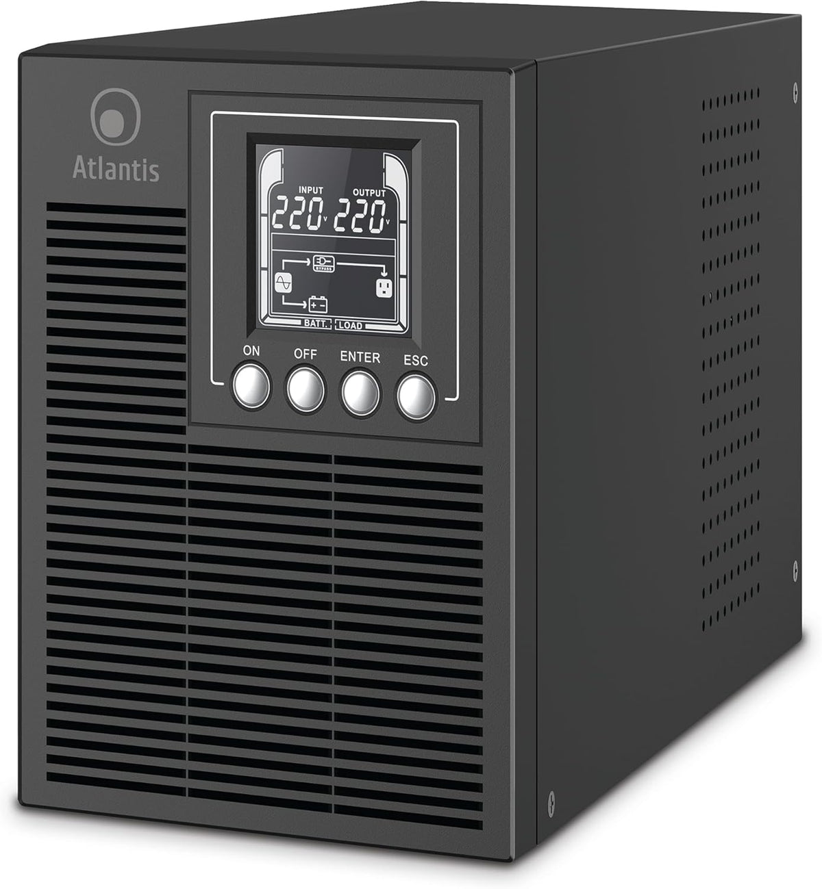 Atlantis A03-OP1002XLN UPS OnLine 88% stillere onderbrekingsgroep, server, dubbele conversie, zuivere sinusgolf, 1000 VA 700 W, Low Noise Gelid ventilator 23,6 dbA, USB, 2 Schuko + 1 IEC, 2 x 12 V-9