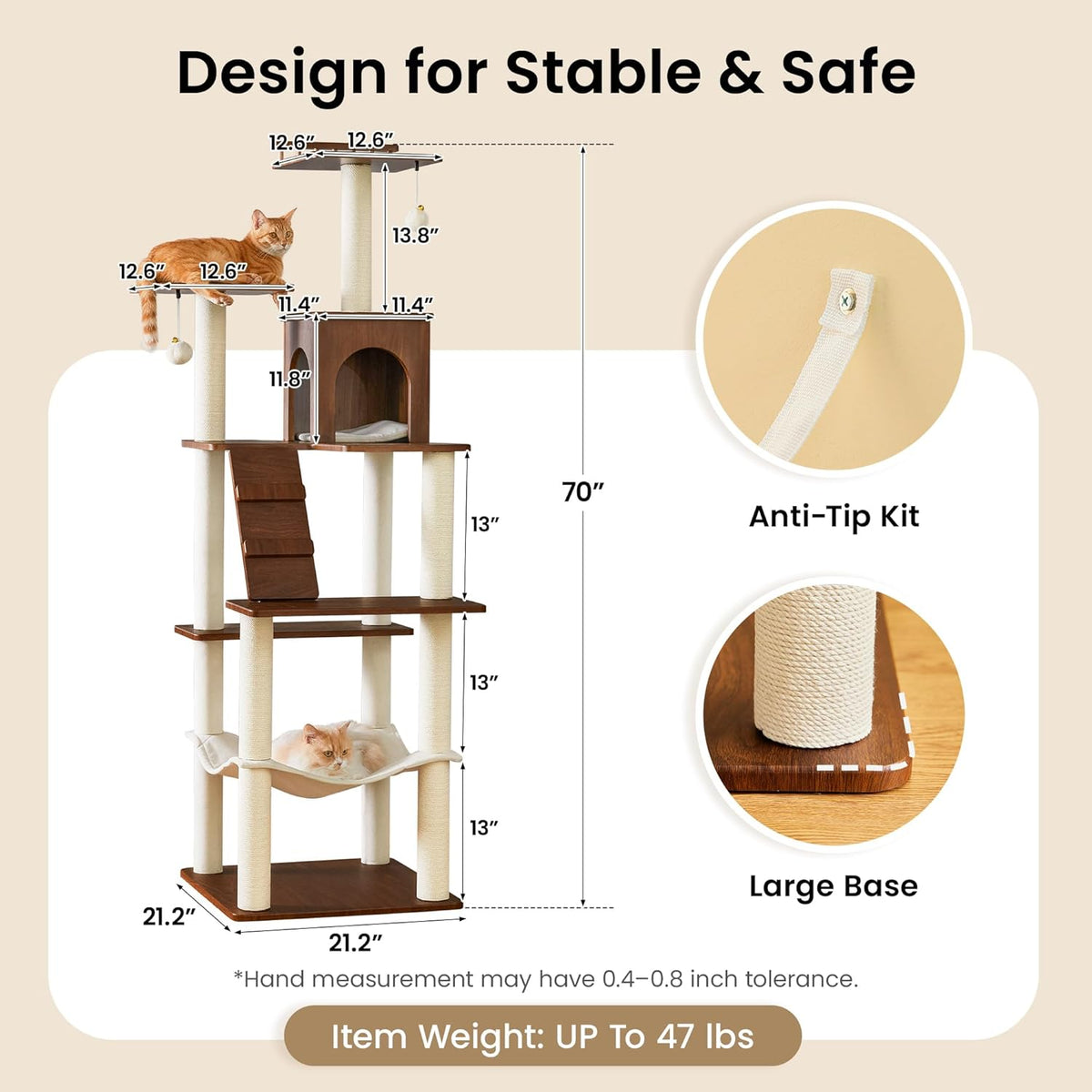 Grote Moderne Kattenboom - 178 cm Hoge Speeltoren voor Katten, Kattenmeubel met 7 Volledig Omwikkelde Krabpalen, 2 Ruime Platforms, Hangmat, Afneembaar Kussen en Pluche Ballen, Notenhout Bruin