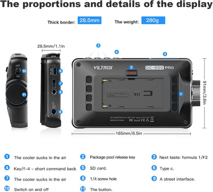 Viltrox DC-550 Pro 5,5 Inch Aanraakscherm Video-Monitor, On-Camera Uitvoer, Belichtings- en Focusassistent, Golfvorm 1200 Nits, 4K HDMI DSLR Externe Voor Sony, Canon
