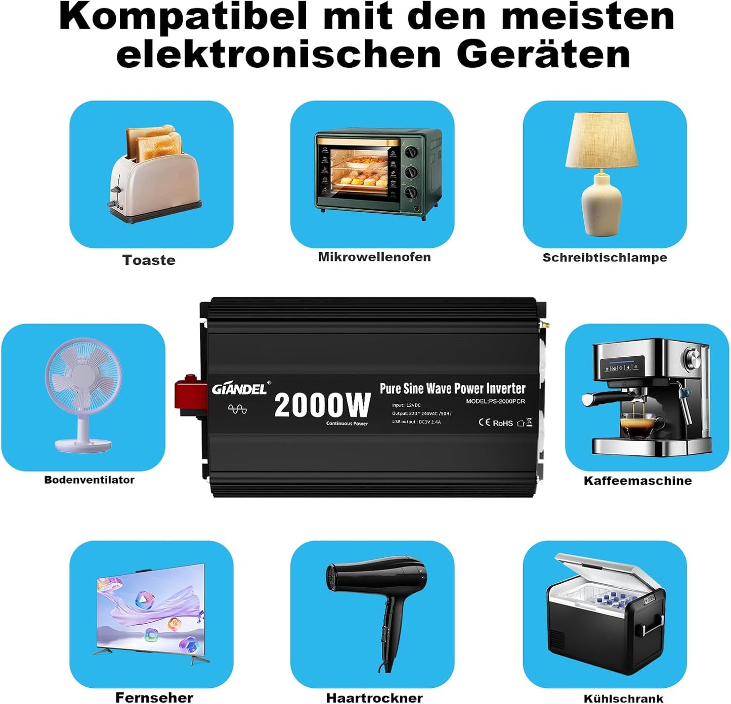 GIANDEL 2000 W omvormer, 12 V naar 230 V, zuivere sinus, auto-spanningsomvormer, compatibel met LifePO4 Power Inverter met afstandsbediening en USB-aansluitingen, voor camper, vrachtwagen, auto,