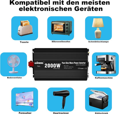 GIANDEL 2000 W omvormer, 12 V naar 230 V, zuivere sinus, auto-spanningsomvormer, compatibel met LifePO4 Power Inverter met afstandsbediening en USB-aansluitingen, voor camper, vrachtwagen, auto,