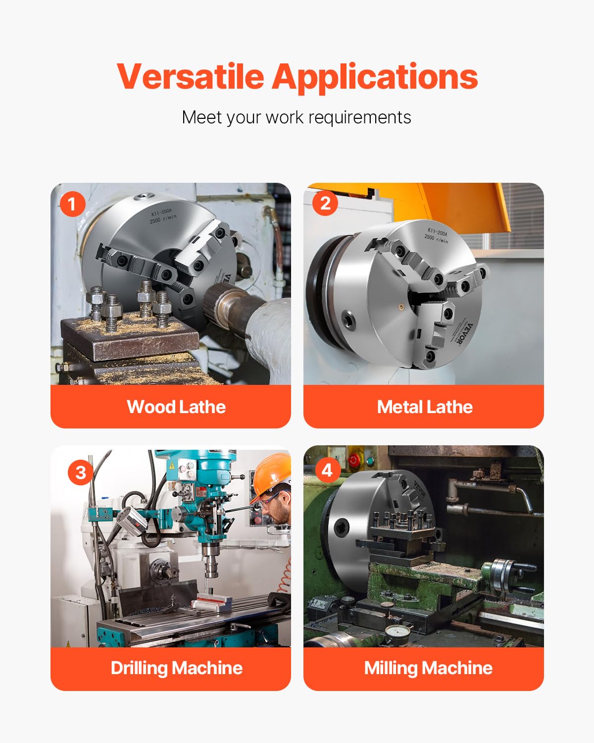 VEVOR 3-jaw lathe holder, 200 mm, self-centering chuck with 2 1/4"-8 threaded support plate, 4-200 mm clamping range with T-wrench screws, HT300 material, for wood-metal lathe