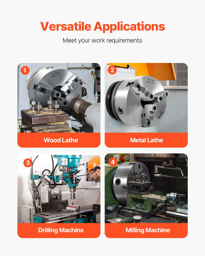 VEVOR 3-jaw lathe holder, 200 mm, self-centering chuck with 2 1/4"-8 threaded support plate, 4-200 mm clamping range with T-wrench screws, HT300 material, for wood-metal lathe