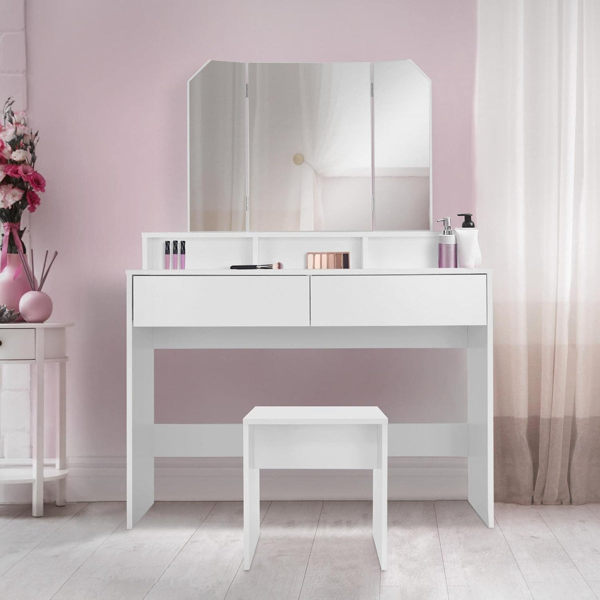 ML-Design Makeup Table with Folding Mirror and Stool, 100 x 40 x 140 cm, Modern White, with 2 Drawers, 3 Open Compartments, Dressing Table, Wooden Pane, Bedroom - QUORE