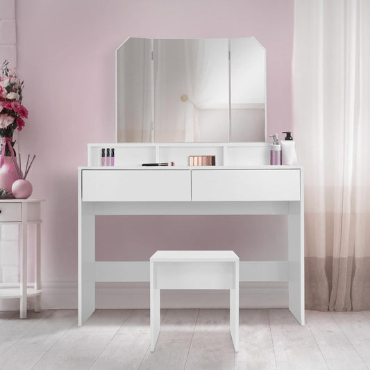 ML-Design Makeup Table with Folding Mirror and Stool, 100 x 40 x 140 cm, Modern White, with 2 Drawers, 3 Open Compartments, Dressing Table, Wooden Pane, Bedroom - QUORE