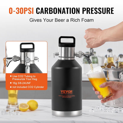 VEVOR Beer Growler Tap System, 120 oz 4L Mini Fat, 304 Roestvrij Staal Onder Druk Bier Growler, Keg Growler met Drukweergave, CO2 Regulator Kraan, Lekvrije Ring Voor Tocht, Homebrew, Craft Bier