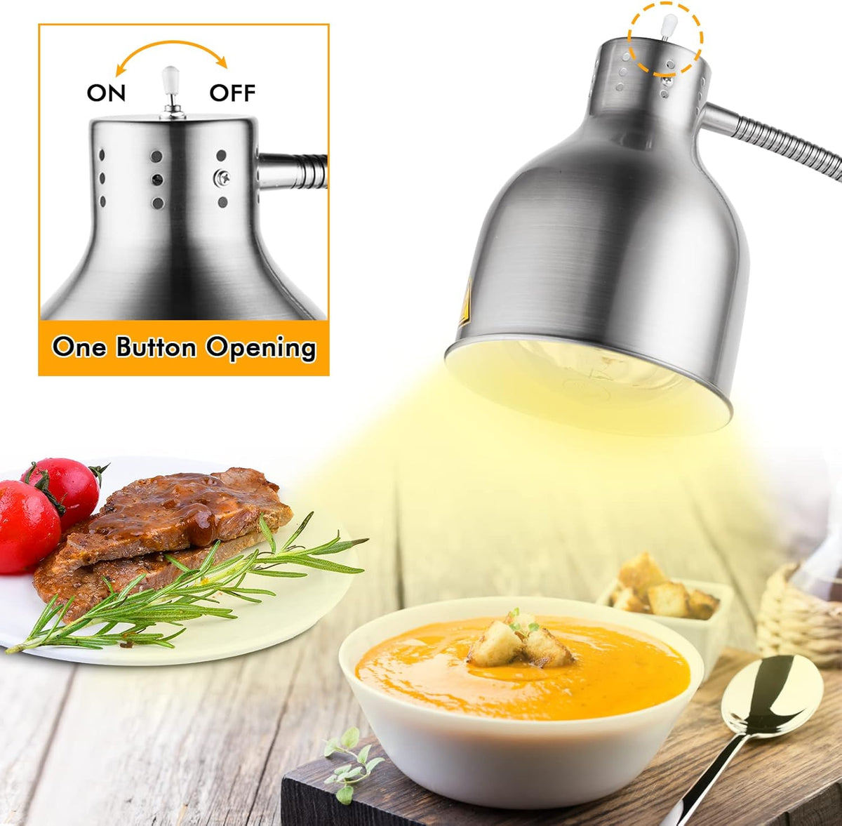 YJINGRUI Vrijstaande warmtelamp voor levensmiddelen, 250 W, zilver, buffet, levensmiddelen, verwarmingslamp met slang, rekbaar tot 70 cm, voor buffet, keuken, restaurant (enkele gloeilamp)