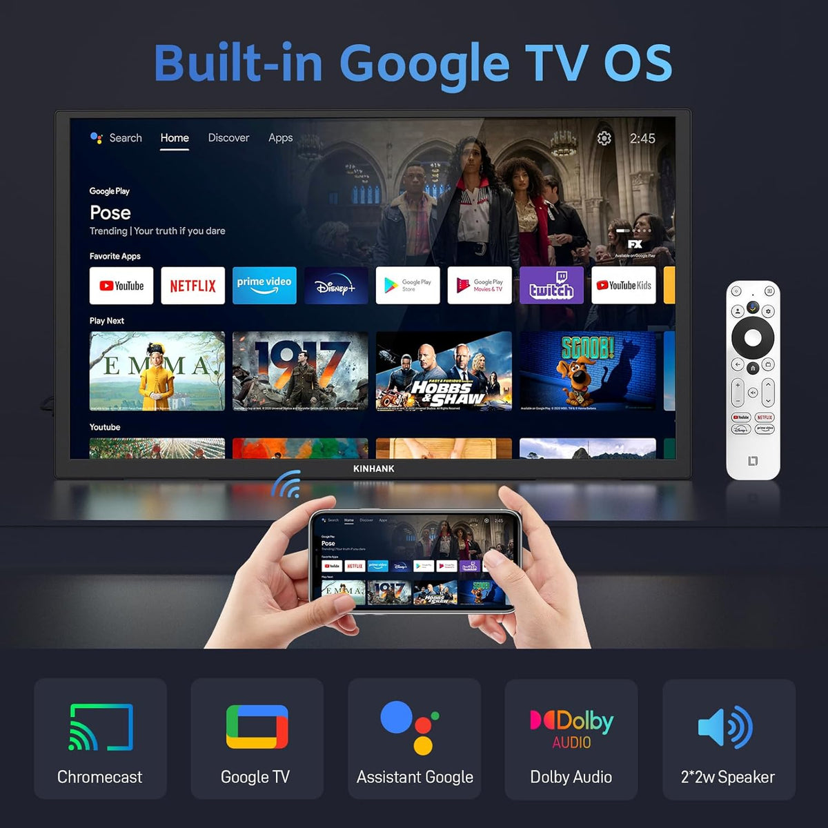 4K Portable Monitor, 18.4 inch Portable Screen, Google TV, 3840*2160 UHD Portable Display, HDR, 85% NTSC, IPS matte eye care screen for PC/laptop/phone/tablet/Xbox/PS4/5/Switch, USB C/HDMI - QUORE
