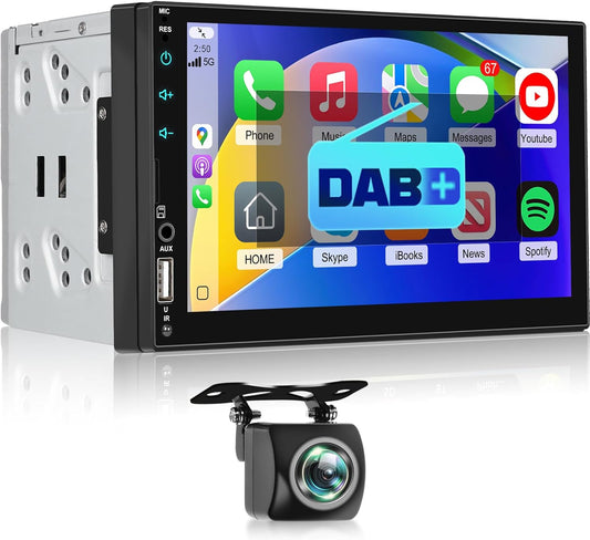 NHOPEEW Autoradio 2 Din DAB - Autoradio 7 inch met ondersteuning Wireless CarPlay Android Auto Mirror Link stuurbediening + achteruitrijcamera 12 LED's