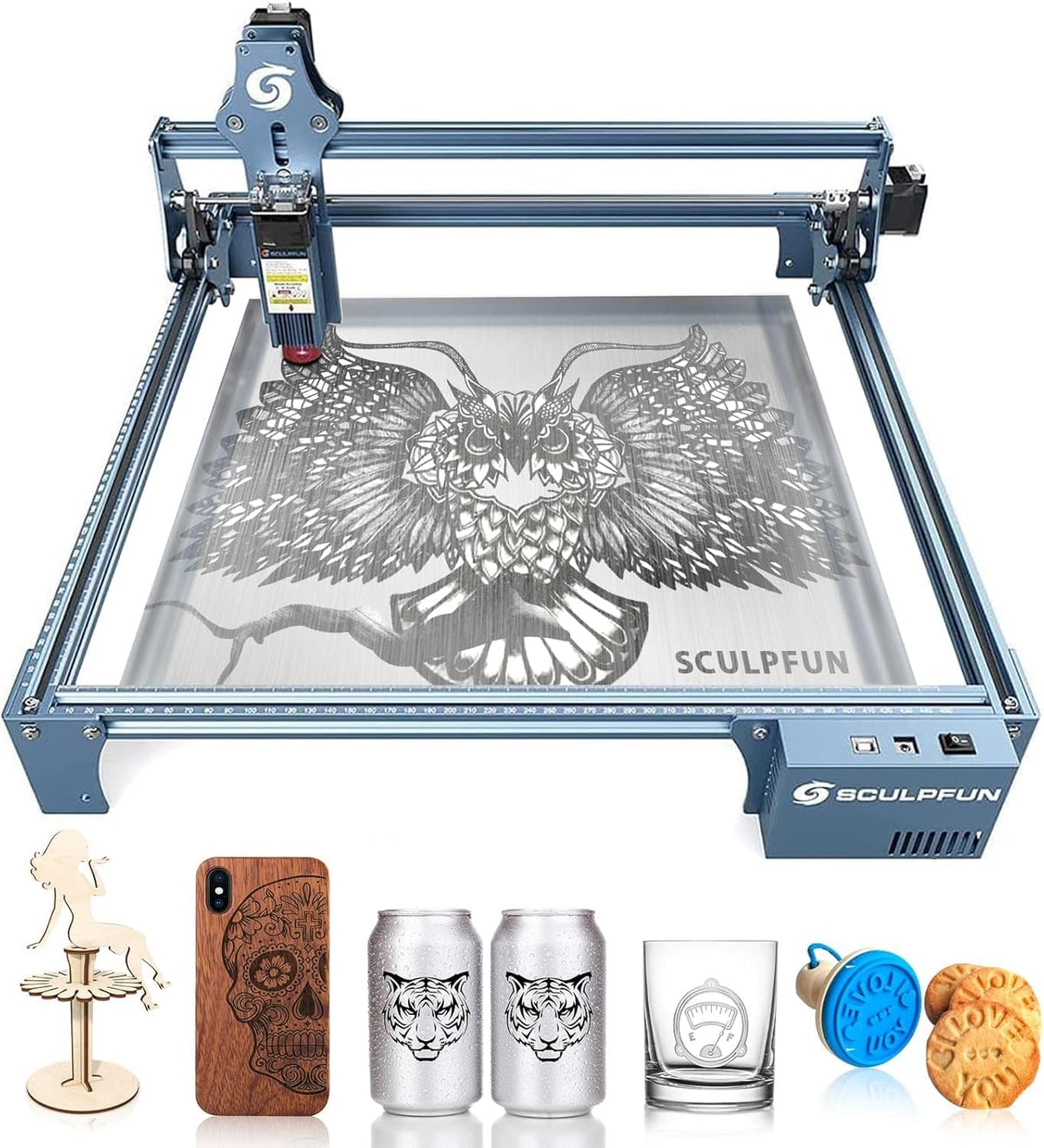 Sculpfun S9 lasergraveermachine, zeer nauwkeurige CNC laser graveermachine met 90W-effect, lasersnijder met hoge energie voor 15 mm hout, 0,06 mm ultrafijn gecomprimeerd punt met vaste focus