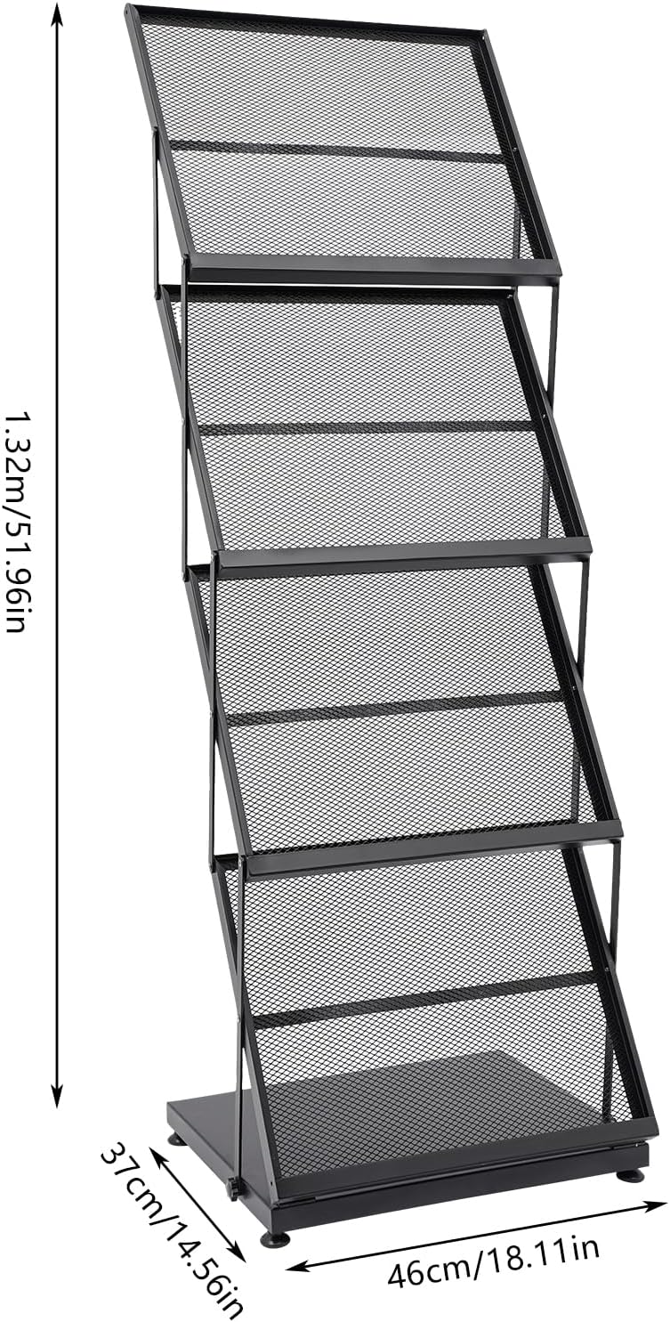 4 Layer A3 Folder Foldable Magazine Stand Display Modern Literature Stand Floor Setup Catalog Racks with Non-Slip Feet for Office Scholarships Schools Black 46 x 37 x 132 - QUORE