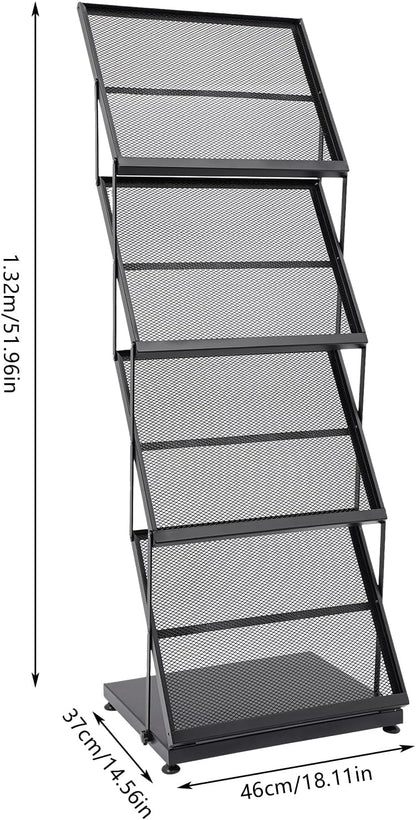 4 Layer A3 Folder Foldable Magazine Stand Display Modern Literature Stand Floor Setup Catalog Racks with Non-Slip Feet for Office Scholarships Schools Black 46 x 37 x 132 - QUORE