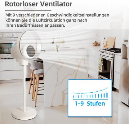 Be Cool Design staande ventilator met wifi: onzichtbare vleugel, ledverlichting, touch-bedieningspaneel + lcd, luchtreinigingsfunctie met luchtkwaliteitsindicatie, 35 W, 9 snelheden, wifi via Tuya-app