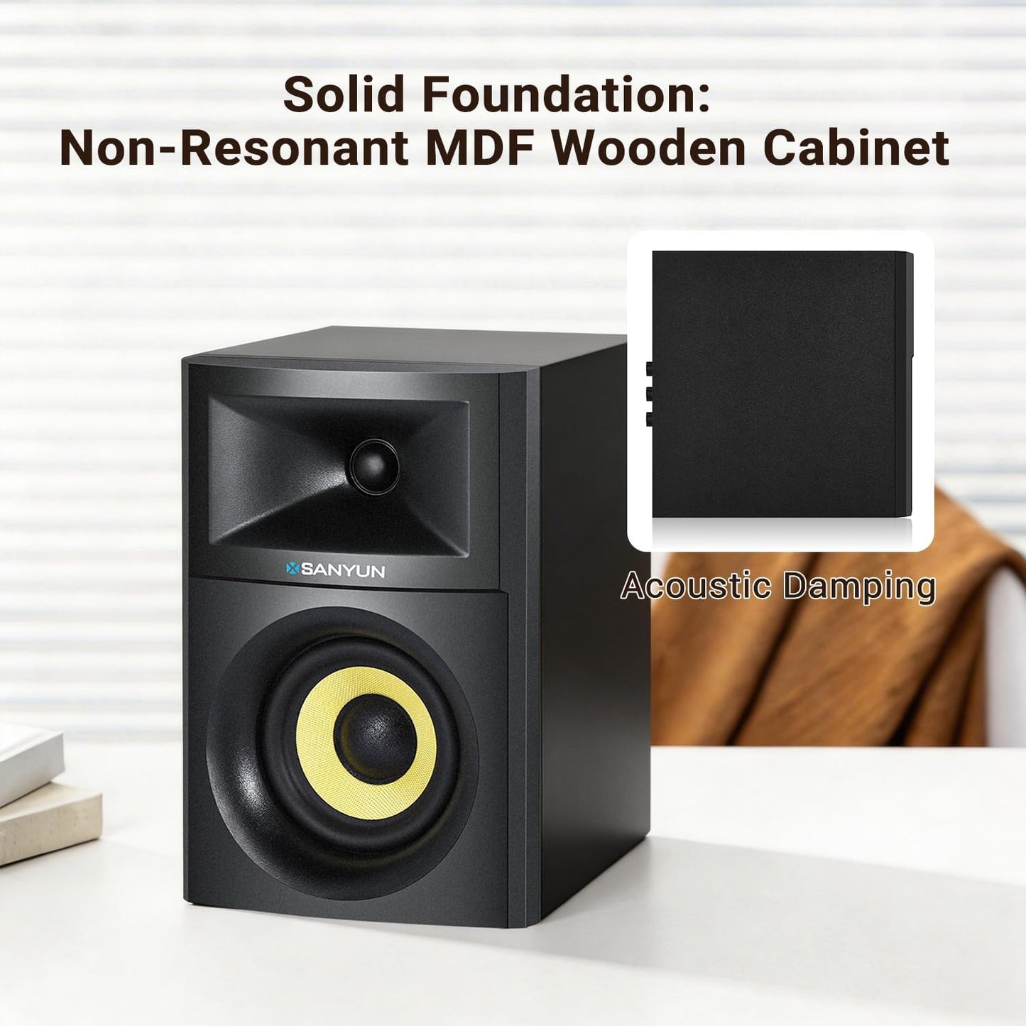 Actieve Boekenplankluidsprekers – 2.0 Speakers, Near-Field Monitoren, Boekenplankspeakers, Actieve Luidsprekers – Zwarte Houten Behuizing – 4 Inch Glasvezelwoofer – Bluetooth 5.4, AUX & Optisch
