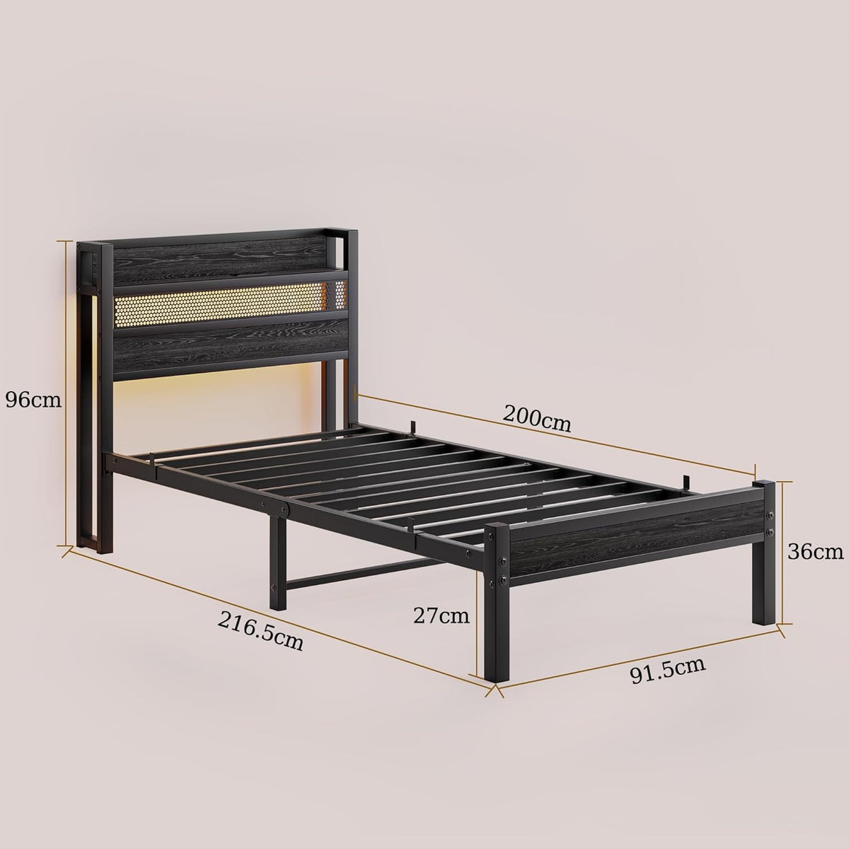 90 x 200 cm Metalen bedframe met hoofdeinde en laadstation/ledverlichting, metalen bedframe, sterk stalen lattenrooster, rustiek bruin