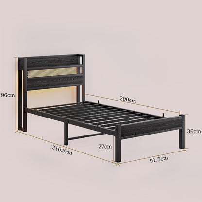 90 x 200 cm Metalen bedframe met hoofdeinde en laadstation/ledverlichting, metalen bedframe, sterk stalen lattenrooster, rustiek bruin