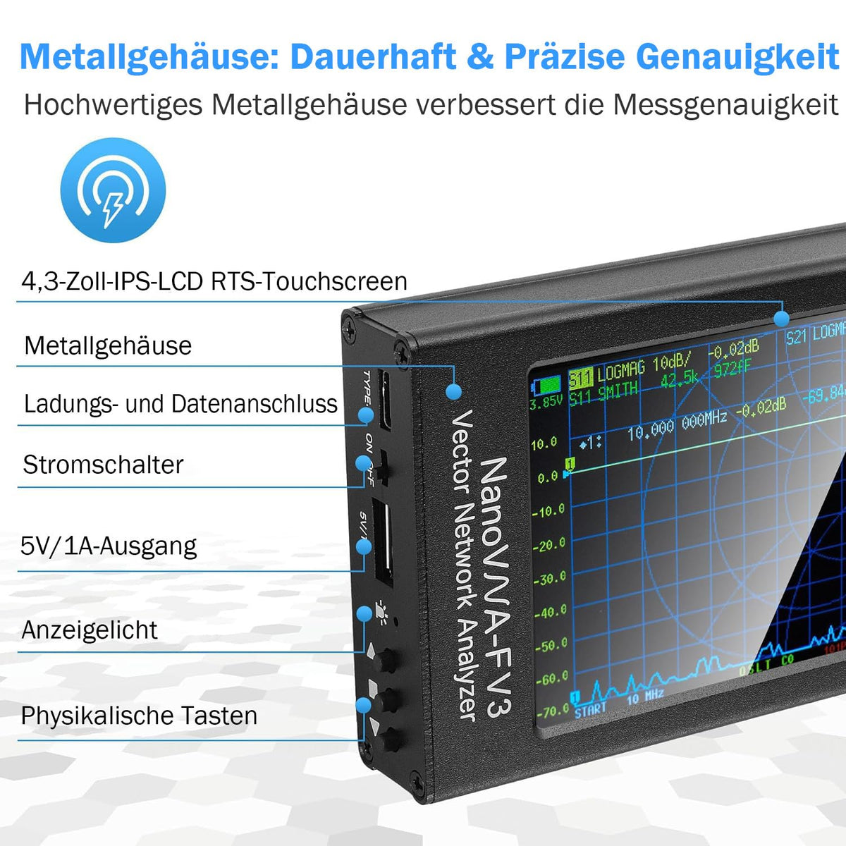 AURSINC Upgraded NanoVNA-F V3 Vector Network Analyzer, 1MHz–6GHz, 4.3" Antenna Analyzer for Measuring S-Parameters, Standing Wave Ratio SWR, Phase, Delay, Smith Diagram