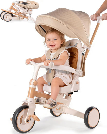 aiwo 7in1 Opvouwbare driewieler voor peuters 1-3, multifunctionele peuter push bike wandelwagen, lichtbruin
