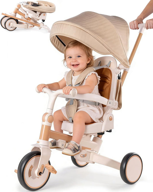 aiwo 7in1 Opvouwbare driewieler voor peuters 1-3, multifunctionele peuter push bike wandelwagen, lichtbruin