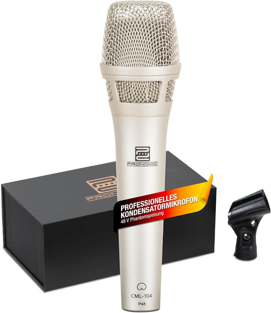 Pronomic CML-104 Condensatormicrofoon voor nauwkeurige geluidsopname - Handmicrofoon met windscherm - Nierfunctie microfoon - Studio-microfoon voor het podium - Incl. klem en tas