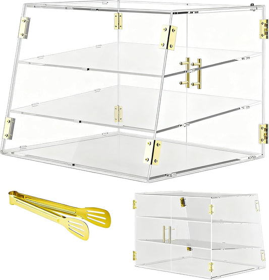 3 Dienblad Aanrecht Bakkerij Vitrine met Elastische Auto-Deur, 53,1 cm x 43,2 cm x 43,2 cm Commerciële Gebak Brood Voedsel Vitrine Opbergdoos voor Donut Taart Bagels Koekje