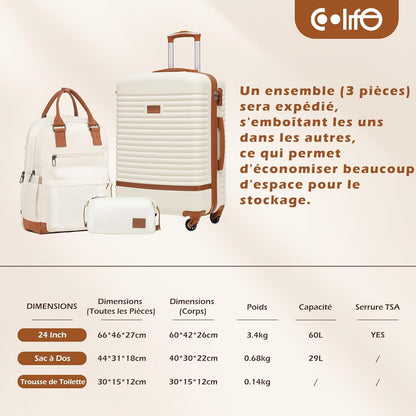 COOLIFE Koffer trolley koffer reiskoffer van ABS hard shell trolley 4 wielen TSA-slot De koffer bevat 1 reisrugzak en 1 toilettas, grijs/roze, Mittlerer Koffer-Set 3tlg, Klassiek