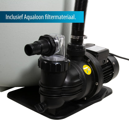 AquaForte Zandfilterset SQ-460, filtercapaciteit 68 L, filtermateriaal 68 kg (zand), max. debiet 10 m3 per uur, 550 Watt, max. bekkengrootte 39,5 m3, uitgerust met 6-wegklep bovenaan