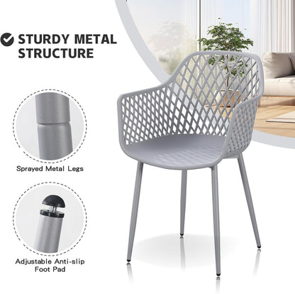 Eetkamerstoelen met armleuningen, uitgehold ruitpatroon, tuinstoelen, set van 4, grijs
