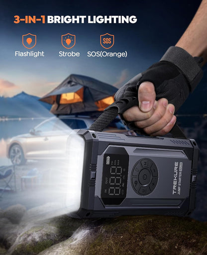 TREKURE 5500A Jump Starter Power Pack met 150PSI Luchtcompressor, 12V Draagbare Auto Accu Booster Jump Starter voor alle Benzine/10L Diesel, Auto Starter Powerbank met Startkabels, Noodverlichting