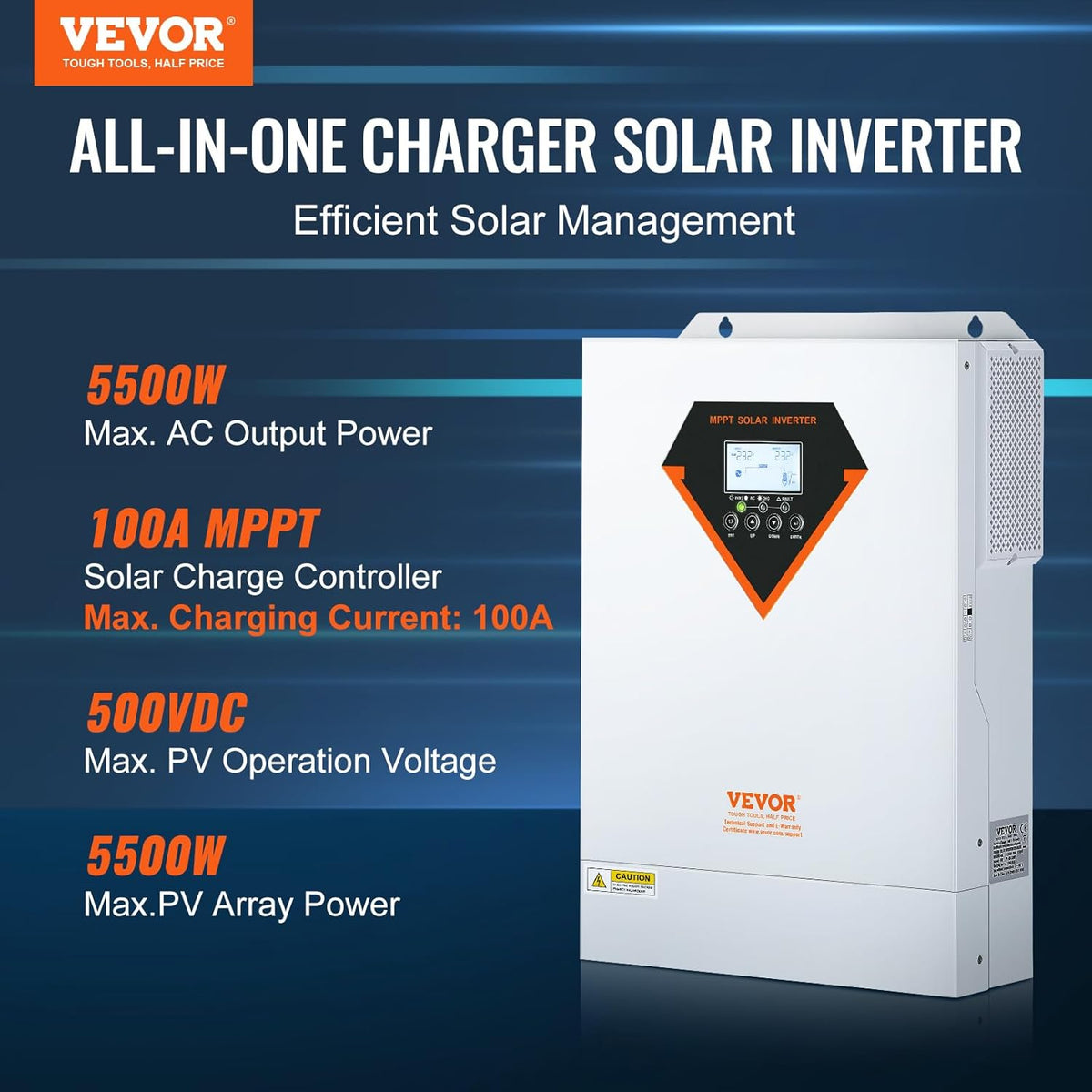 VEVOR Hybride omvormer, 5500 W, zonne-omvormer, hybride, off-grid, zuivere sinusgolf, 230 V, AC met geïntegreerde zonne-laadregelaar MPPT 100 A, hybride opladen, nut, zonne-energie