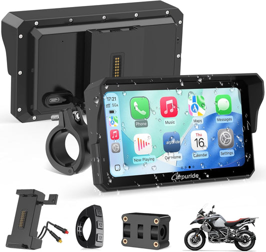 Carpuride W602S Pro Moto Carplay scherm, met BM05 voor Plug-and-Play, Wireless CarPlay & Android Auto, 6 inch waterdicht touchscreen, Dual Bluetooth, Intercom Functie, Wired Controller, OTA, Navigatie