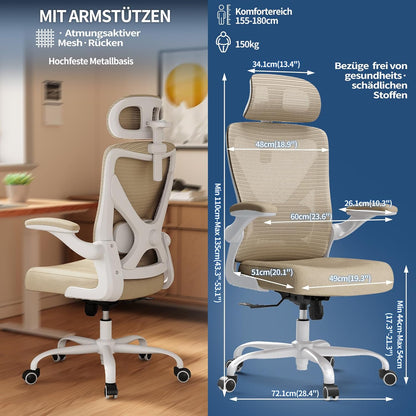 TRALT Bureaustoel - Ergonomische bureaustoel met verstelbare lendensteun hoofdsteun Office Desk Chair - Gaming stoel in X-vorm bureaustoel - Bureaustoelcomputerstoel 150kg Khaki
