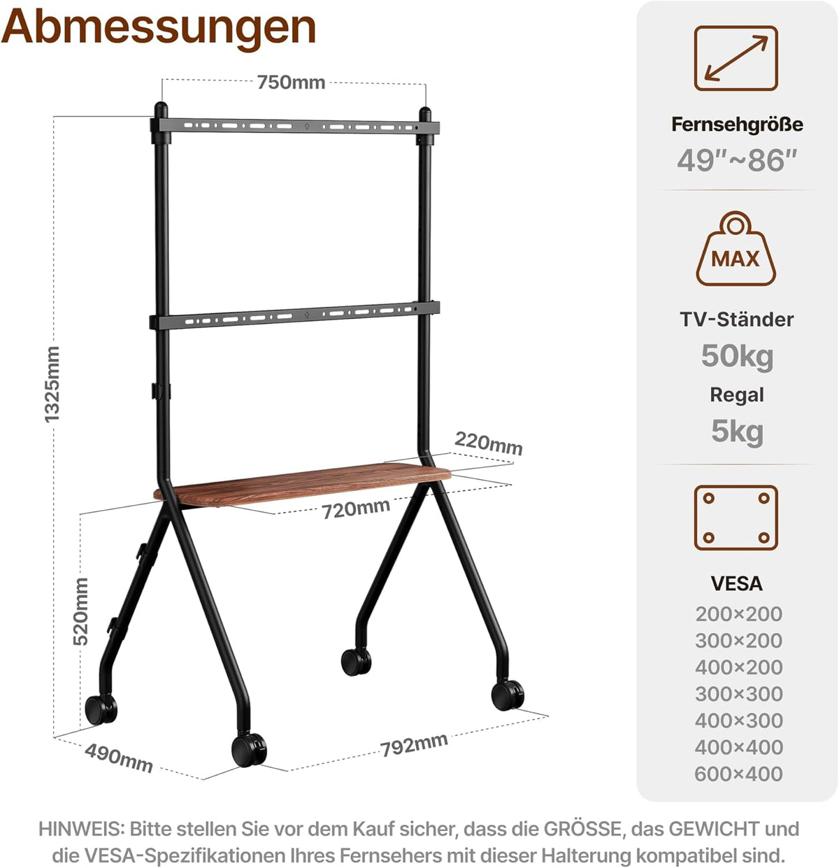 Tv-standaard oprolbaar voor 49-80 inch televisie, 50 kg draagkracht, portret- en landschapsformaat, stabiele mobiele tv-wagen met plank, max. VESA 600x400mm (zwart)