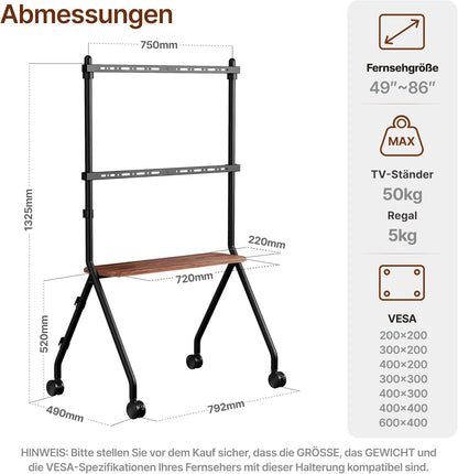 Tv-standaard oprolbaar voor 49-80 inch televisie, 50 kg draagkracht, portret- en landschapsformaat, stabiele mobiele tv-wagen met plank, max. VESA 600x400mm (zwart)