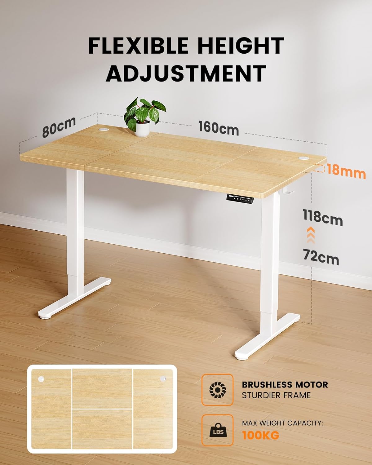 ErGear Electric Sit-Stand Desk - 160 x 80cm - 100kg Load Capacity Height Adjustable Desk with Advanced Brushless Motor, Silent Operation, Robust Metal Frame - QUORE