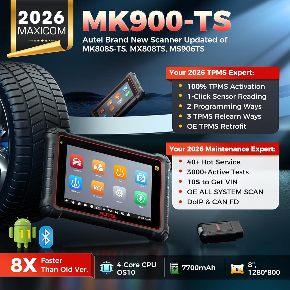 Autel MaxiCOM MK900-TS TPMS Scanner, 2024 bijgewerkt bidirectioneel gereedschap van MaxiCheck MX808S-TS, MK808S-TS, MS906TS met meer dan 40 diensten, meer dan 3000 actieve tests, diagnose van alle