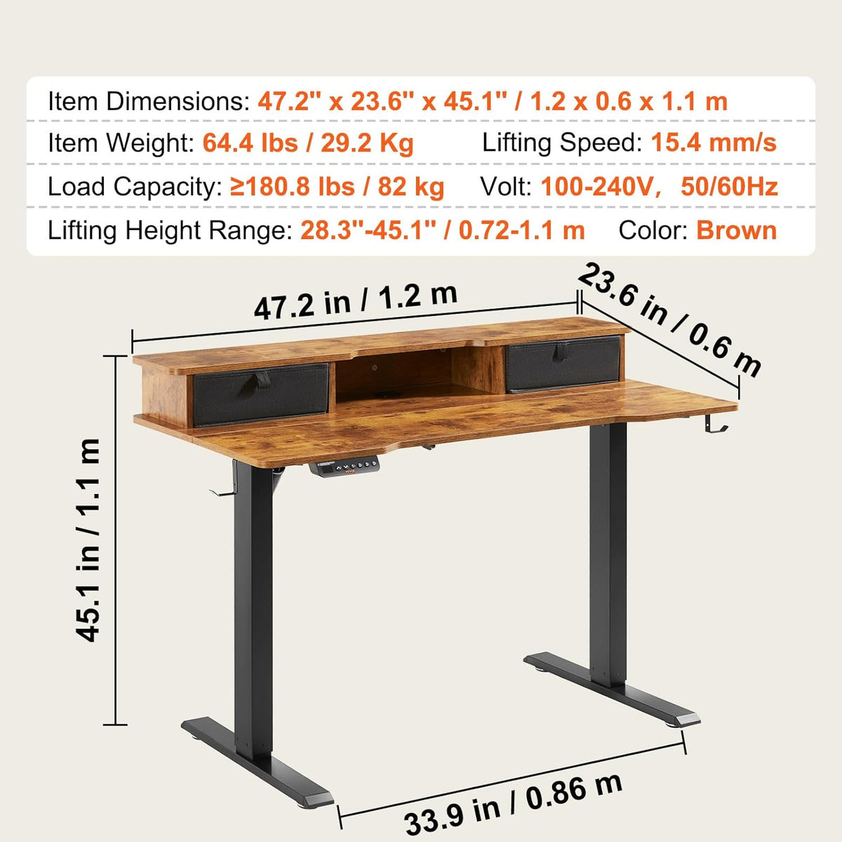 VEVOR Bureau, in hoogte verstelbaar, elektrisch, 120 x 60 cm, staand bureau, 0,72-1,1 m instelbare geheugenbediening, dubbellaags, grote computertafel, 82 kg belastbaar, bruin, bureautafel, pc-tafel