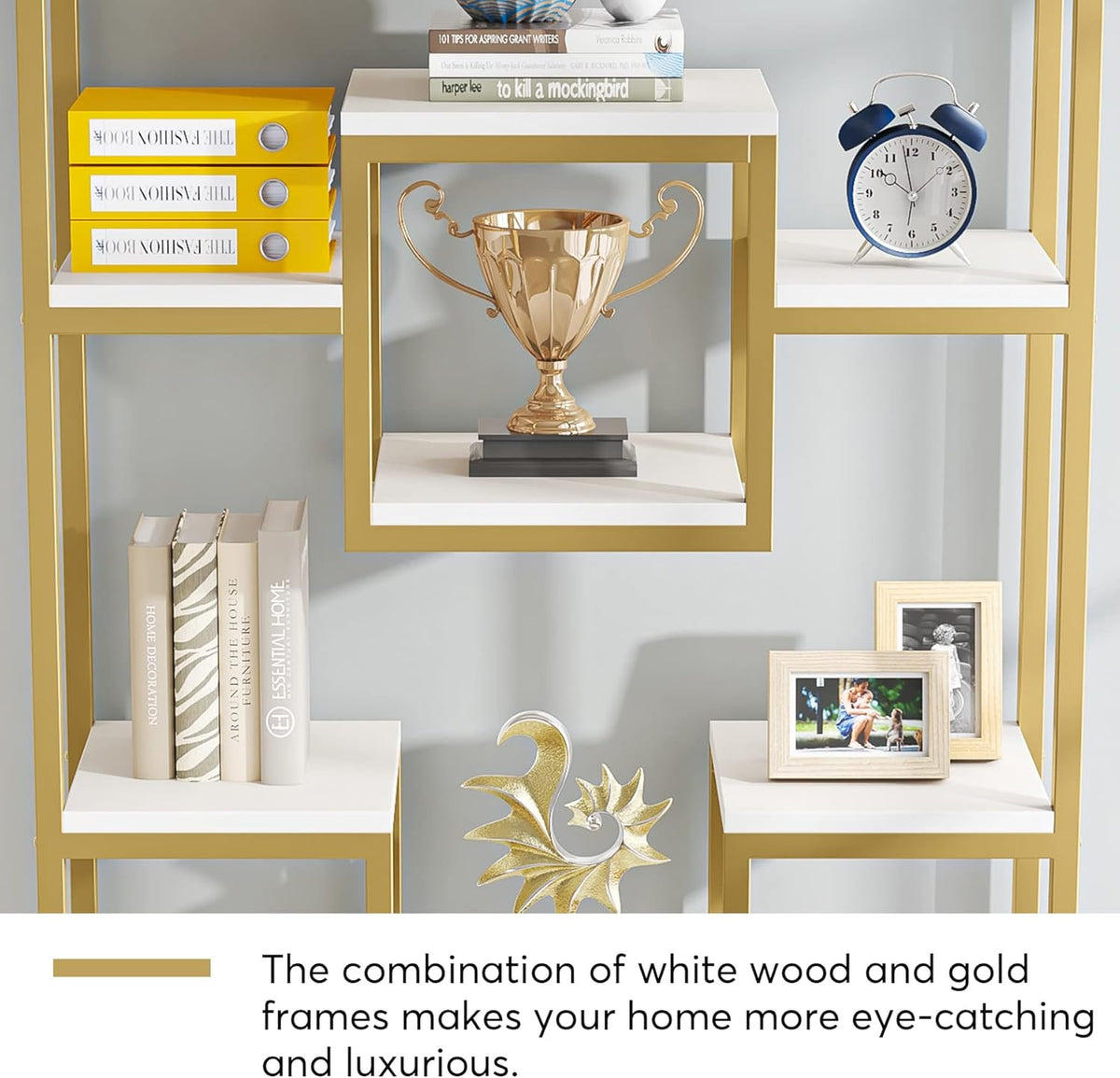 Tribesigns 180cm Golden Bookcase, 11 Stories Large and High, Open Geometric Cube Design, Modern for Living Room, Bedroom, Home Office