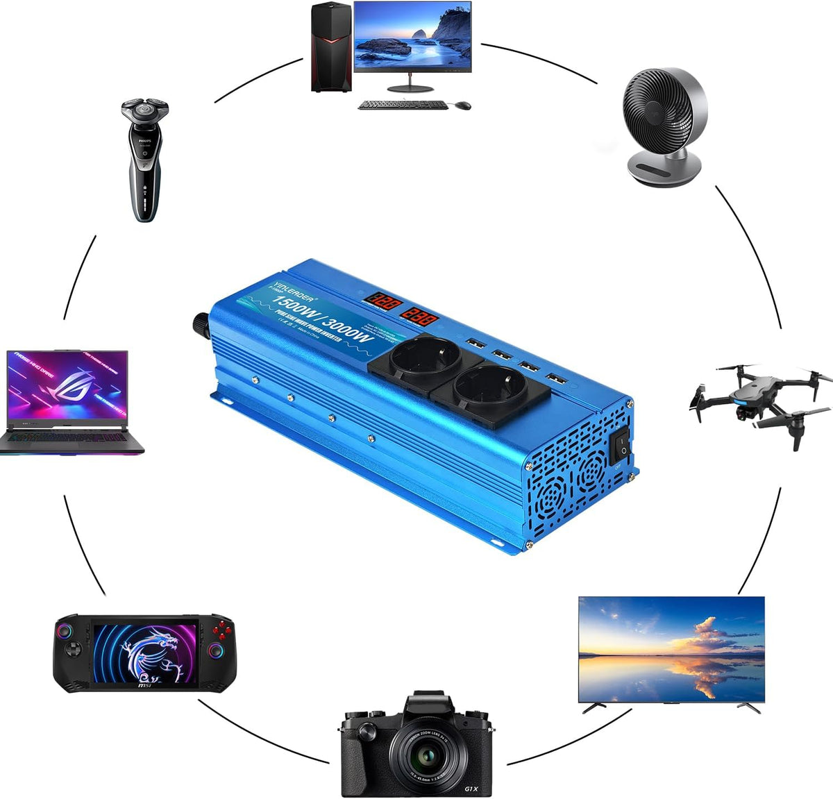 <font dir="auto" style="vertical-align: inherit;"><font dir="auto" style="vertical-align: inherit;">        Yinleader Converter, 12V, 220V, pure sine wave, 1500W, 3000W, pure power sine wave, 2 sockets 4 USB       </font></font>