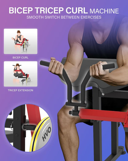 HVO Biceps en Triceps bank: 2-in-1 Verstelbaar Trainingsapparaat voor Biceps Curls en Triceps Extensions – Preacher Curl Bank voor Thuis – Rood