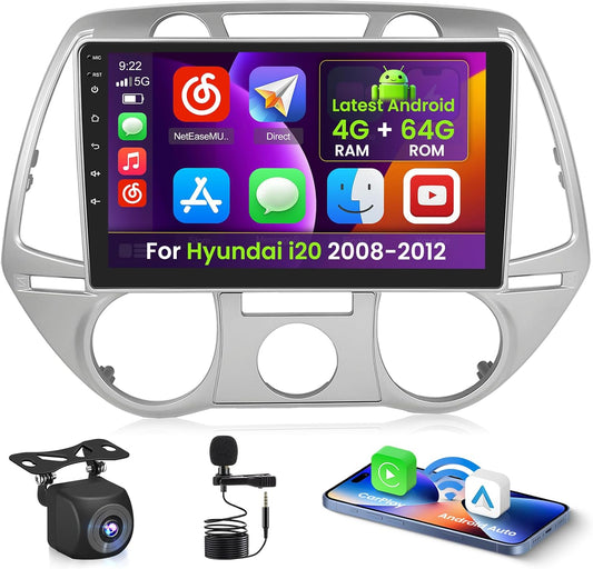 4+64G Android 15 autoradio voor Hyundai i20 2008-2012 met draadloze CarPlay Android Auto, 9-inch scherm, ondersteunt FM, RDS, 32EQ, GPS, Bluetooth, WiFi, SWC, AHD en achteruitrijcamera.