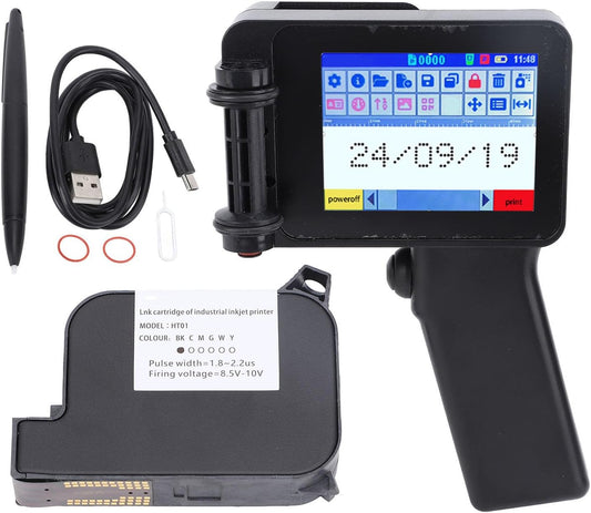 SEAFRONT Handheld Inkjetprinter met Inkt, 4,3-inch Touchscreen 600 Dpi voor Tekst Barcode Datum QR-codelabel Ergonomisch Ontwerp 1500 MAh Batterij Meerdere Oppervlakken Afdrukken