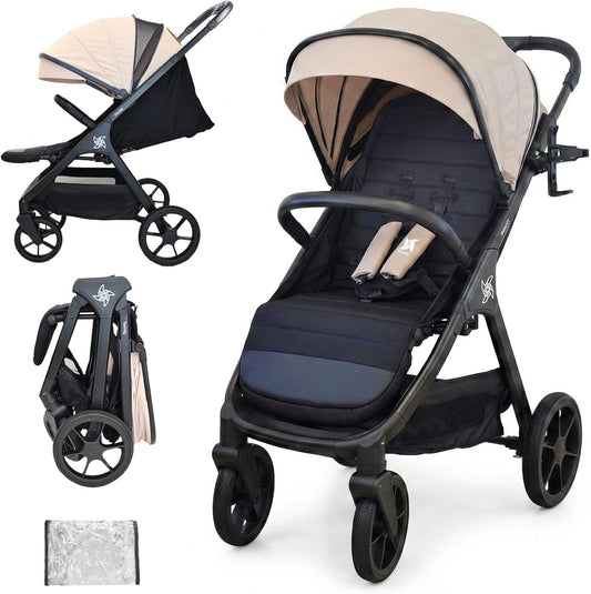 Buggy voor baby's tot 22 kg, opvouwbaar, ruimtebesparend, lichte kinderwagen, groot en comfortabel, eenvoudig met één hand inklapbaar, XXL-kap UPF 50, inclusief regenbescherming, kantelbare
